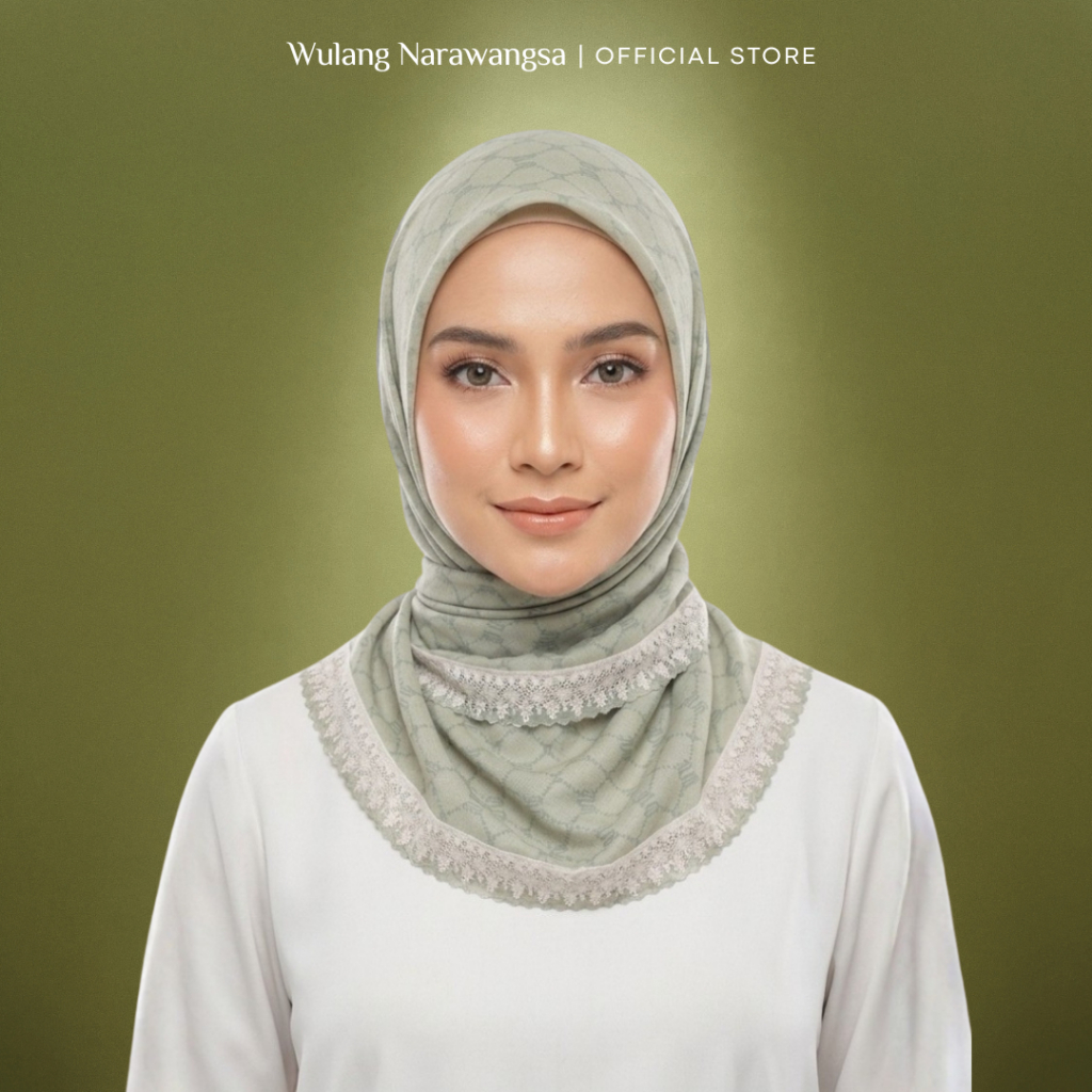 Wulang Narawangsa Hijab Segi Empat Flamingo Era Hijau Sage | Kerudung Segi Empat | Hijab Motif Segi 