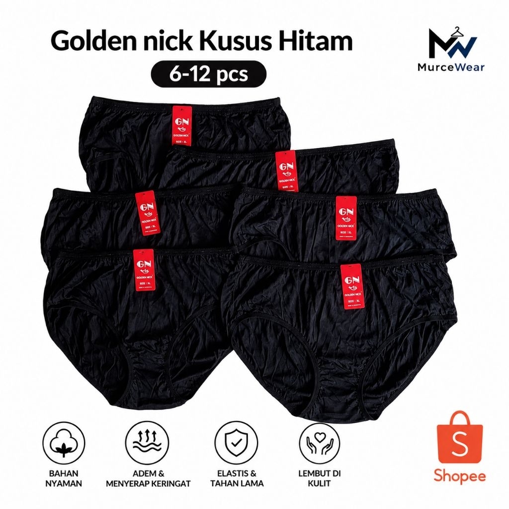 [ 12 pcs ] CD Golden Nick Khusus Hitam | Celana Dalam Wanita Lusinan Polos | CD Golden Nick Katun