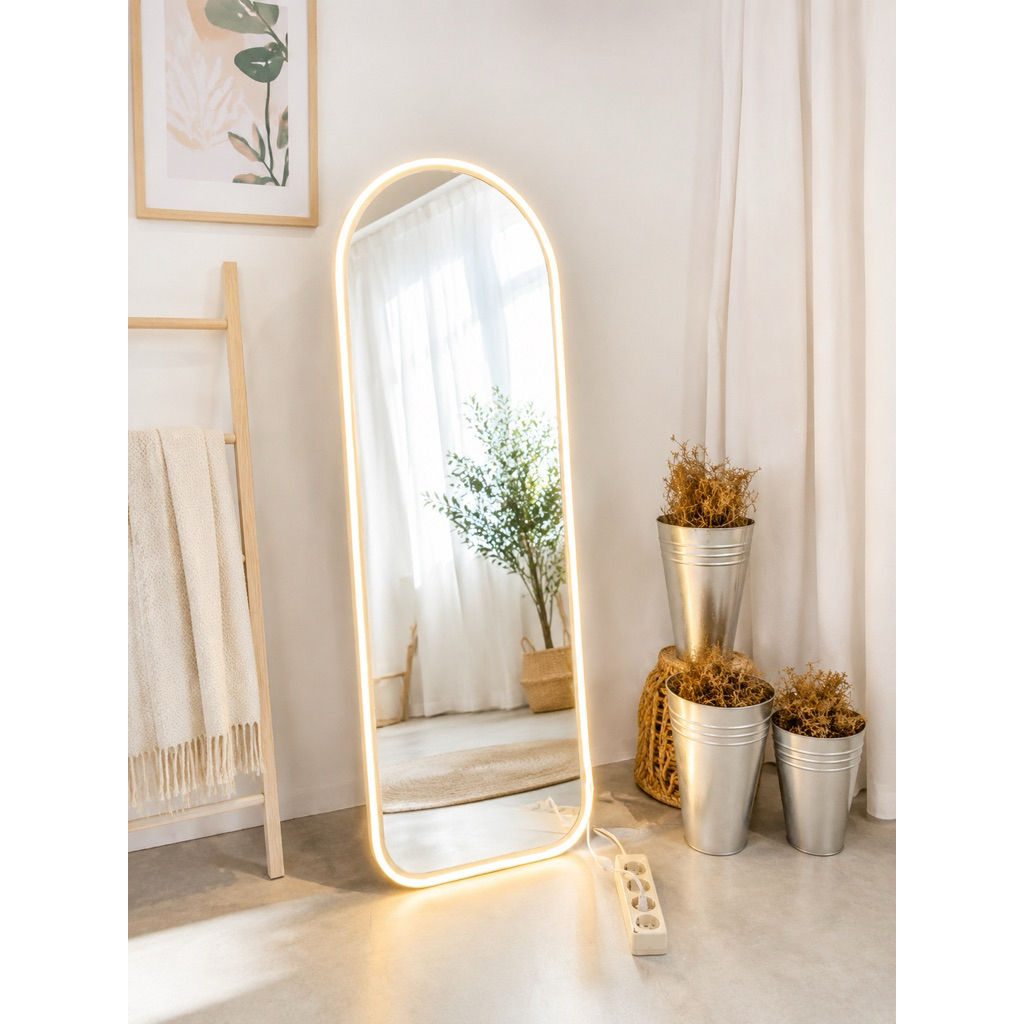 Standing Mirror Oval Rounded Cermin Lampu Berdiri Fullbody Aesthetic LED