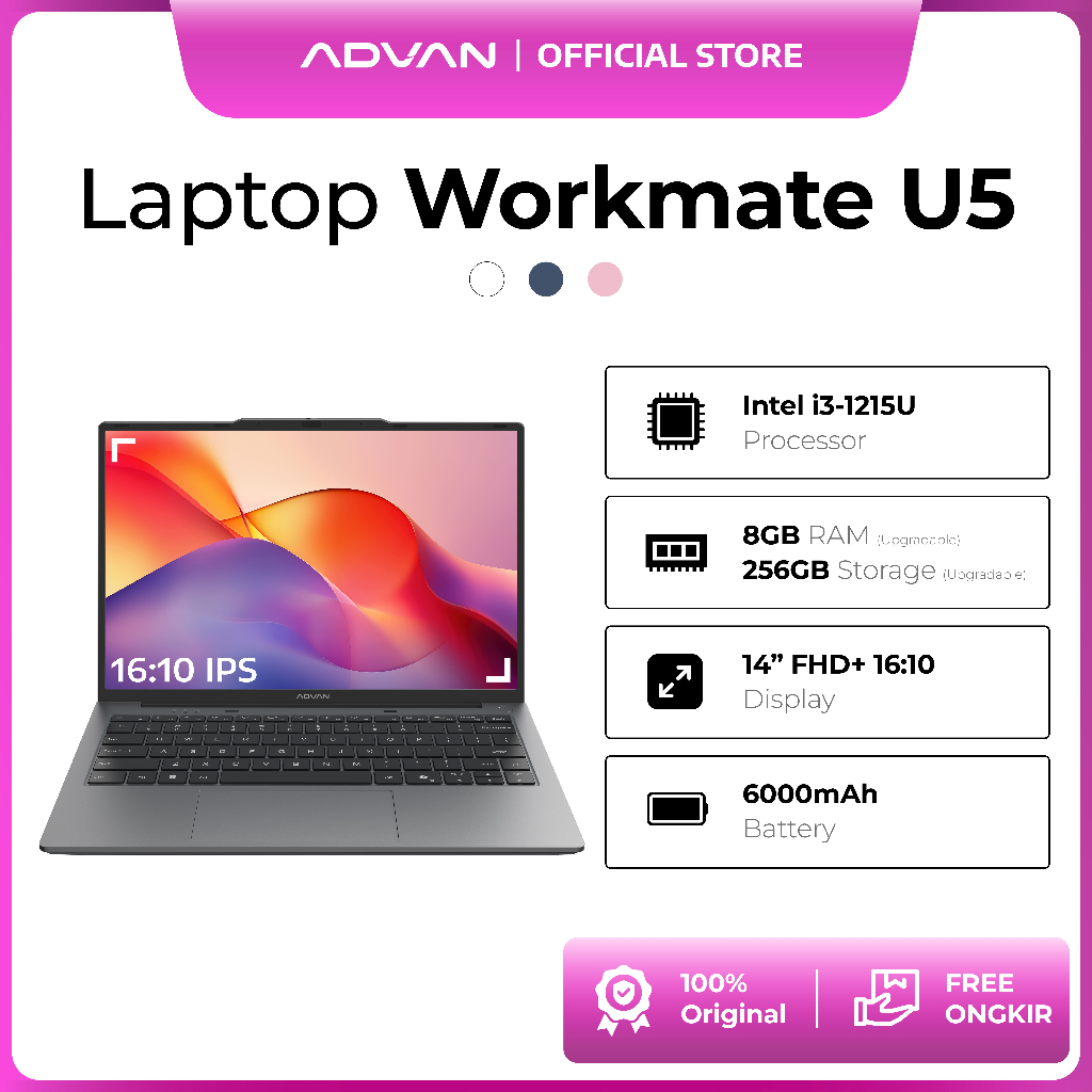 [FREE STAND LAPTOP] ADVAN Laptop WorkMate | Intel i3-1215U | 14 Inch FHD+ 16:10 IPS | 8GB/256GB Upgr