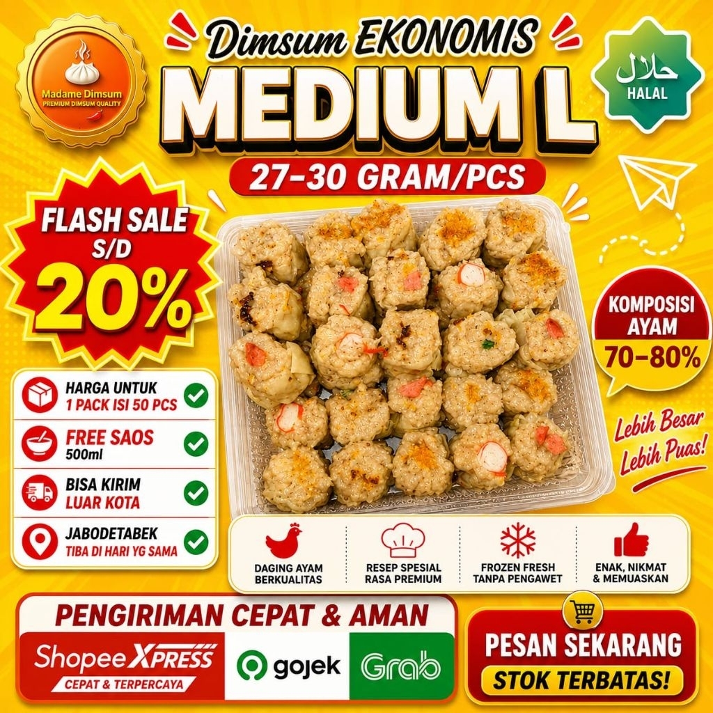 DIMSUM AYAM HALAL MEDIUM-EKONOMIS L (Size  27-30 Gram)(komposisi ayam sd 80%).. Pabrik Dimsum halal 
