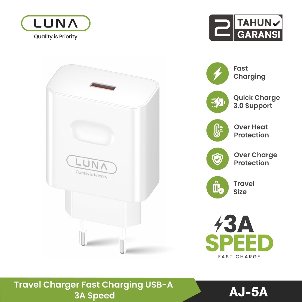 LUNA AJ-5A Charger Fast Charging 3A Original USB Charger Adapter Cas HP Android QC 3.0 Travel Charge