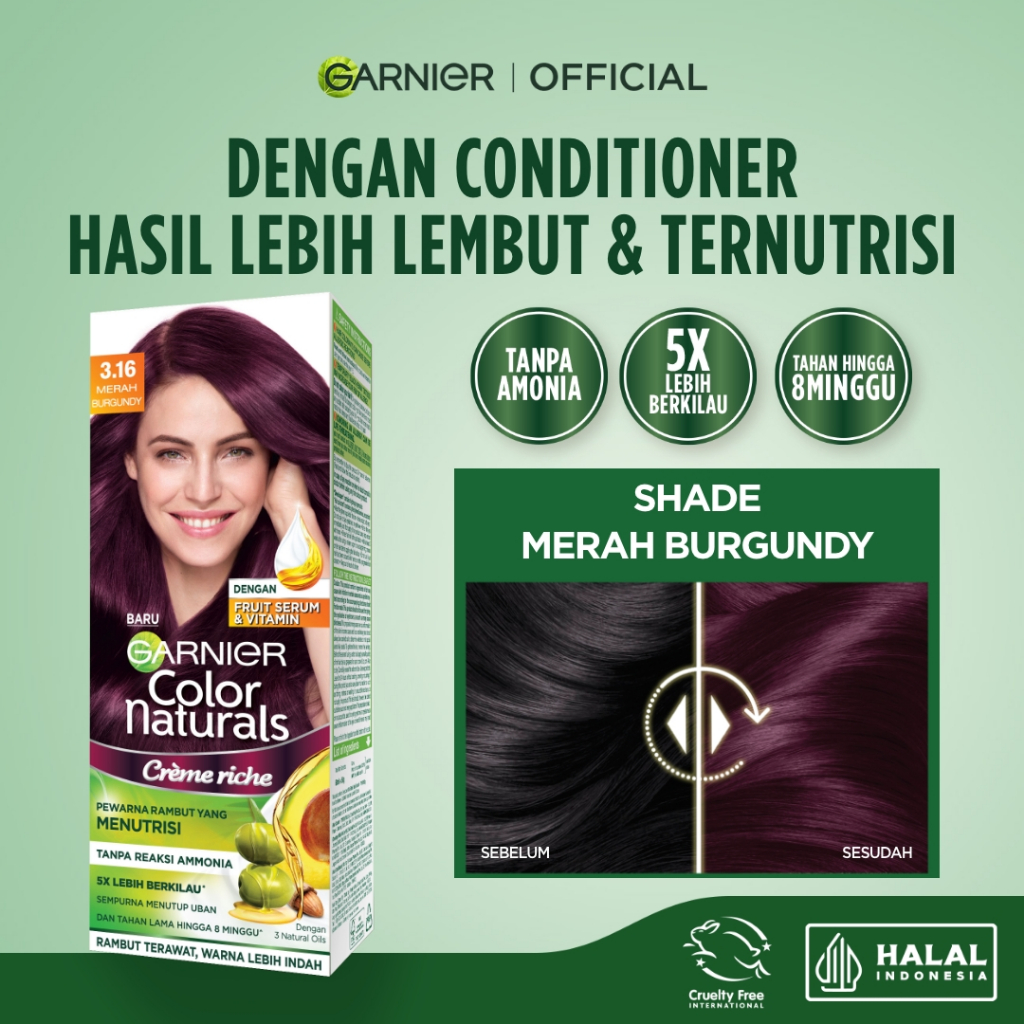 GARNIER Hair Colour Pewarna Rambut Permanen Big Kit 105ml #3.16 Merah Burgundy | Cat Rambut Tanpa Am