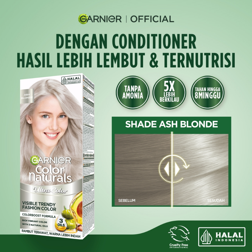 GARNIER Hair Colour Pewarna Rambut Permanen Big Kit 105ml Ash Blonde | Cat Rambut Tanpa Amonia Color