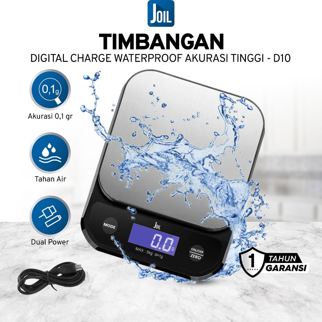 Joil D10 Timbangan Dapur Digital 5kg/0.1g Hitam Waterproof Chargeable