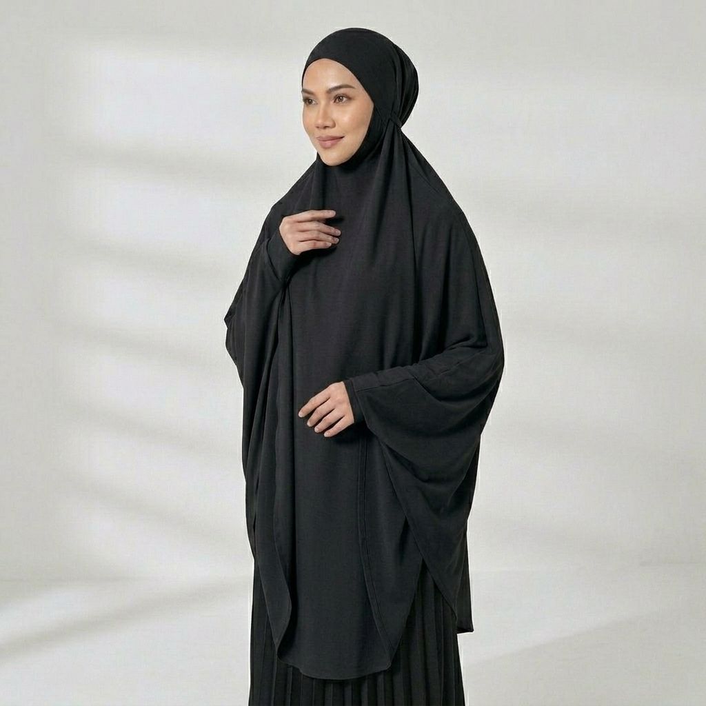 Jilbab  Instan Syari Jumbo - Hijab French Khimar Lengan, Cadar Lepas Pasang & Tali Belakang