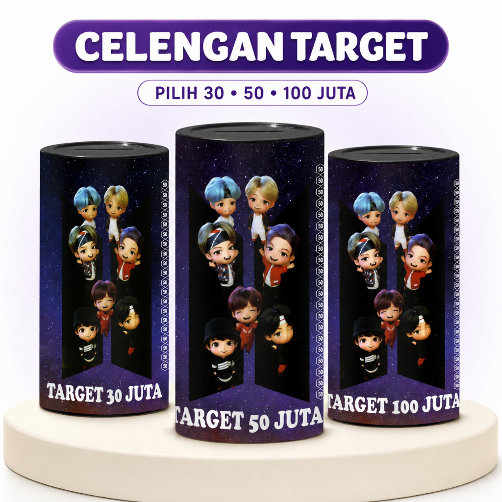 Celengan Target Menabung 30 50 100 Juta | Tabungan BTS Plastik Kpop Chibi 20 cm Bisa Buka Tutup Perm