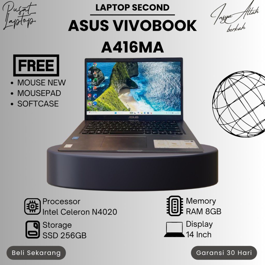 LAPTOP ASUS VIVOBOOK A416 SECOND | INTEL CELERON N4020 | RAM 8GB | SSD 256GB | NORMAL | BERGARANSI