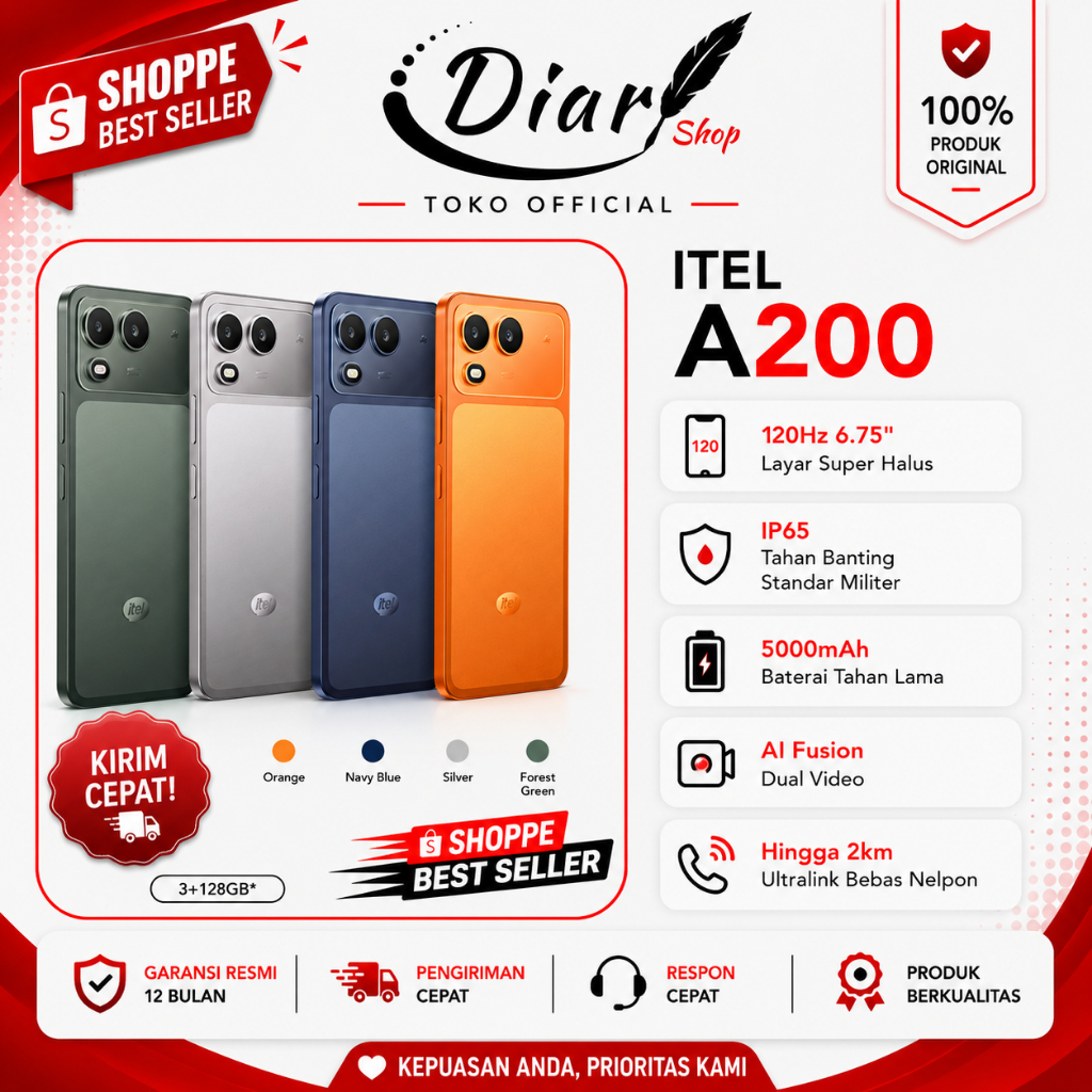 itel A200 RAM 8GB [3+5GB]  ROM 128GB | Layar 120Hz 6.75" | Baterai 5000mAh | IP65 | HP itel Terbaru 