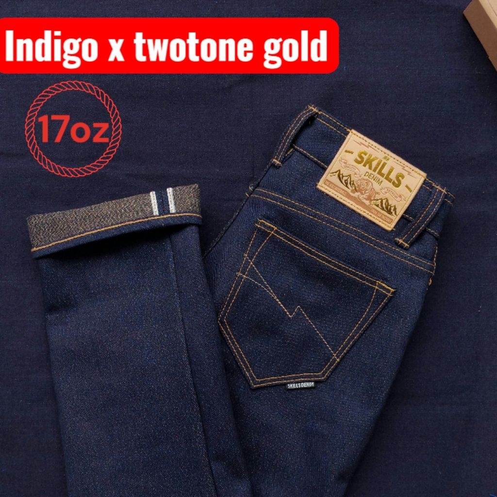 SKILLS DENIM indigo x twotone gold 17oz sanforized raw denim selvedge acc