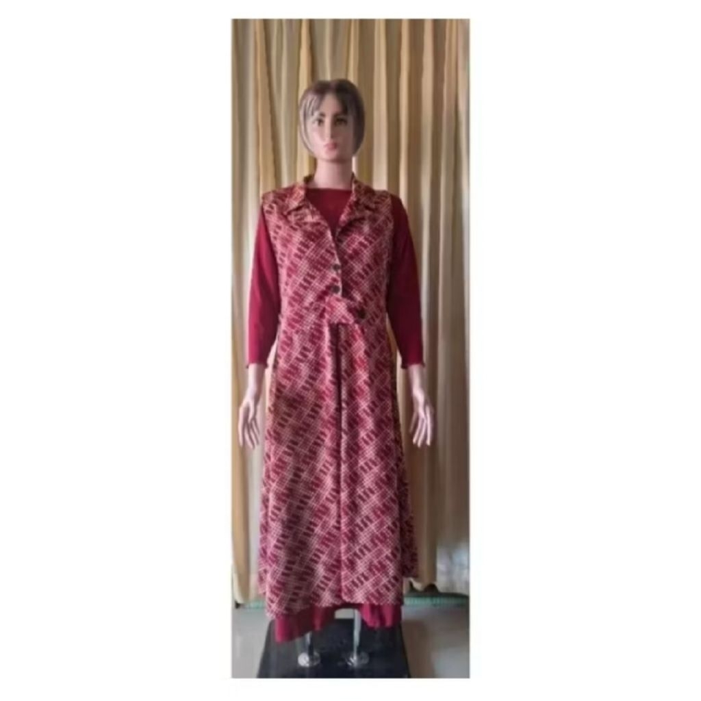 set gamis wanita merah maroon outer inner polkadot