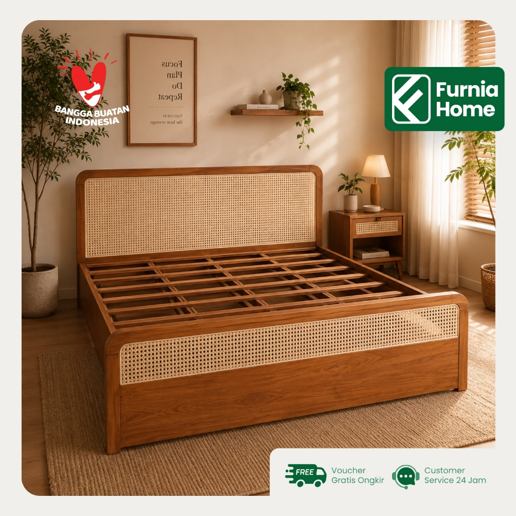 Dipan Tempat Tidur Ranjang Kayu Jati Mix Rotan Storage Bed