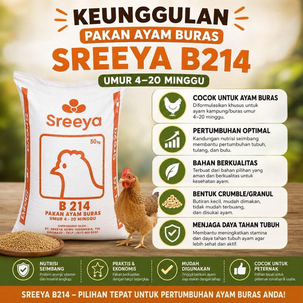 Pakan Ayam Buras Sreeya B214 Repack 1kg | Pakan Ayam Kampung Grower 4-20 Minggu Butiran
