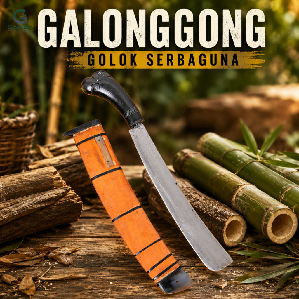 Garda Perkakas Golok Galonggong 30cm Baja Per Sarung Kayu Sono Keling Gagang Tanduk Sapi Alat Kebun 
