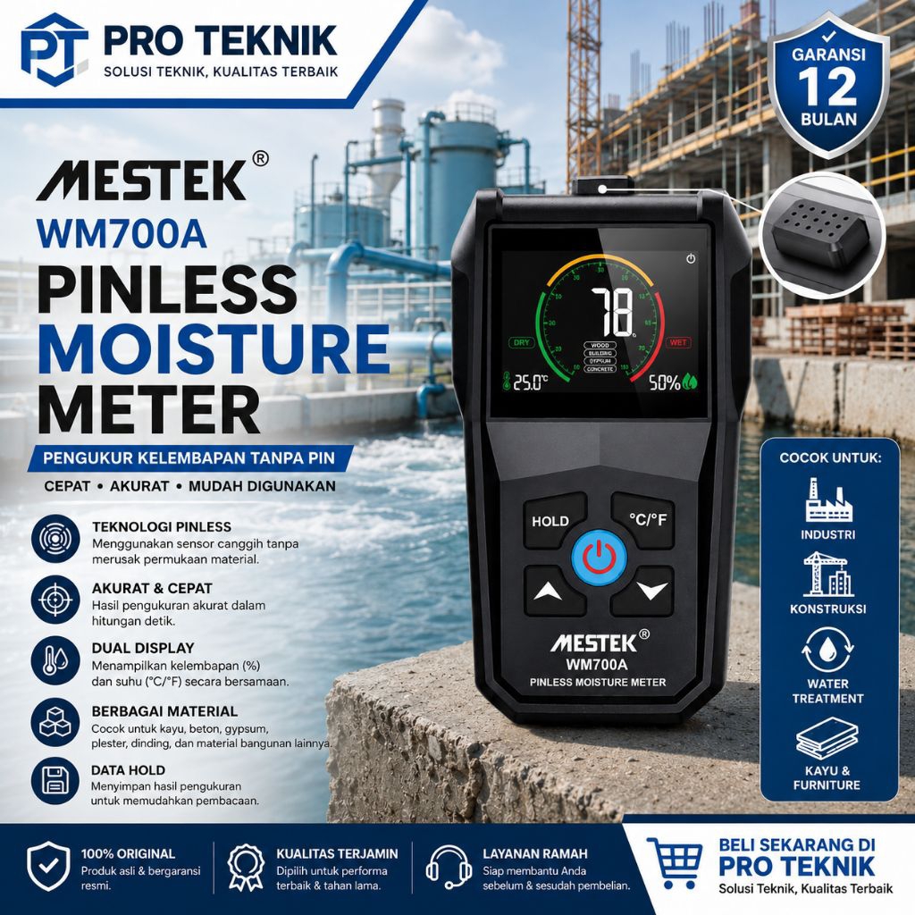 Pinless Moisture Meter Mestek WM700A Wood Concrete MC Tester Tembok