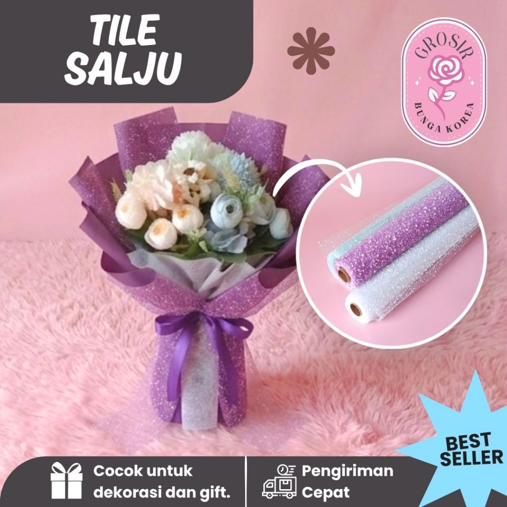 Kain Tile Salju Premium Gulungan 50cm x 4 Yard Bungkus Bucket Bunga Murah Grosir Snow Dot Mesh Tulle