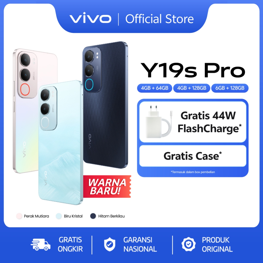 vivo Y19s Pro - 6000mAh + 44W FlashCharge, Tahan Banting Ekstrem, Tahan Hujan IP64, Dual Stereo Spea