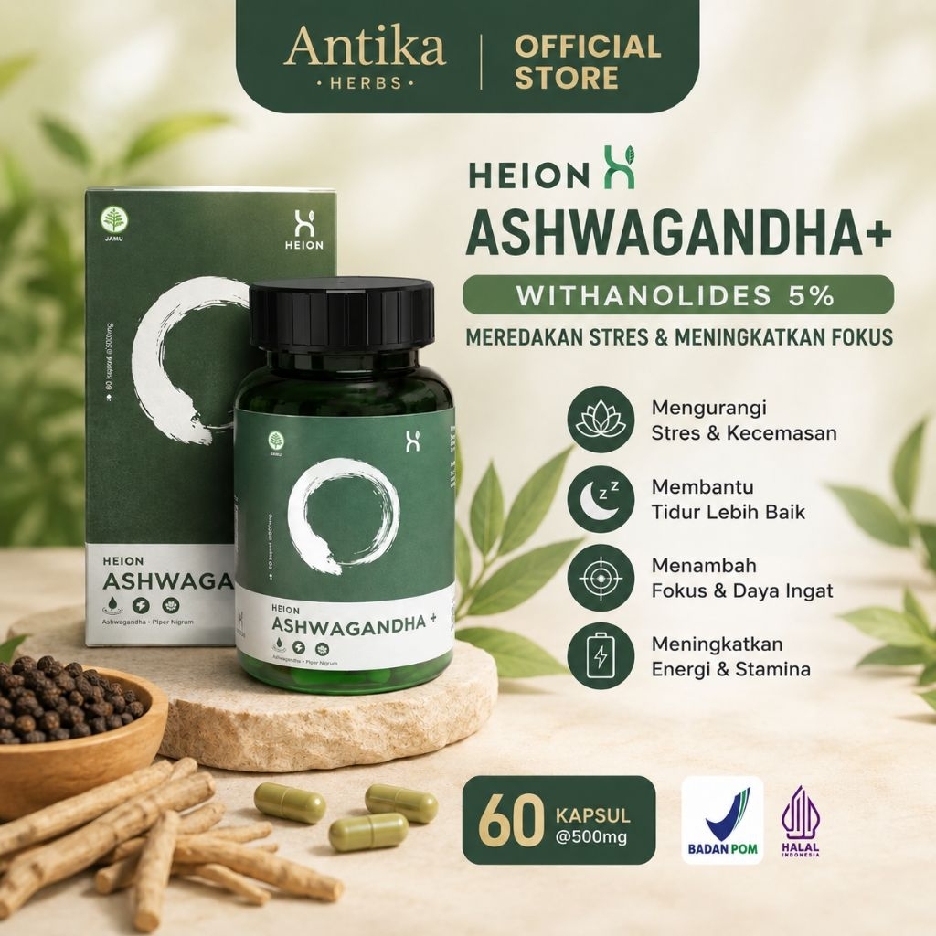 HEION Ashwagandha+ 60 Kapsul | Suplemen Herbal Ashwagandha untuk Fokus & Kualitas Tidur | Original