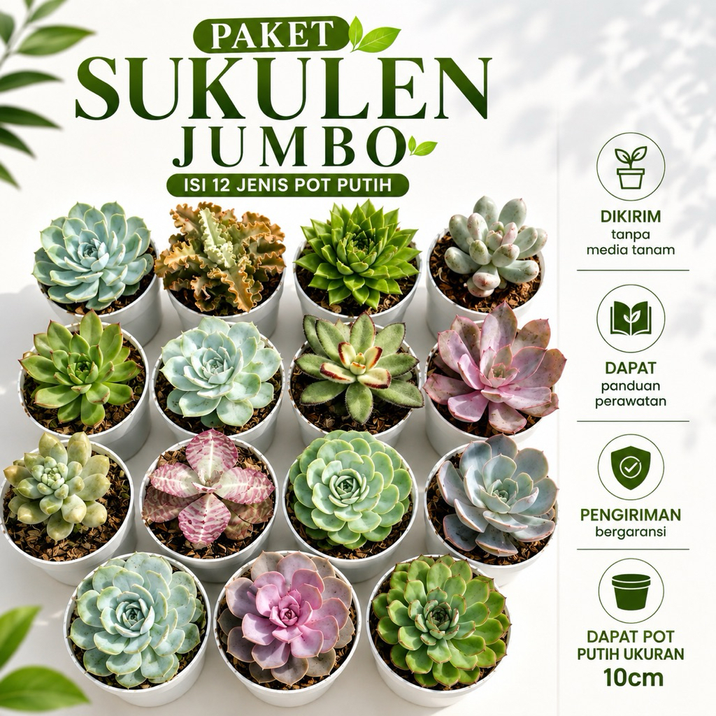 Paket Sukulen Jumbo Isi 12 Tanaman Hias Pot Putih 10cm
