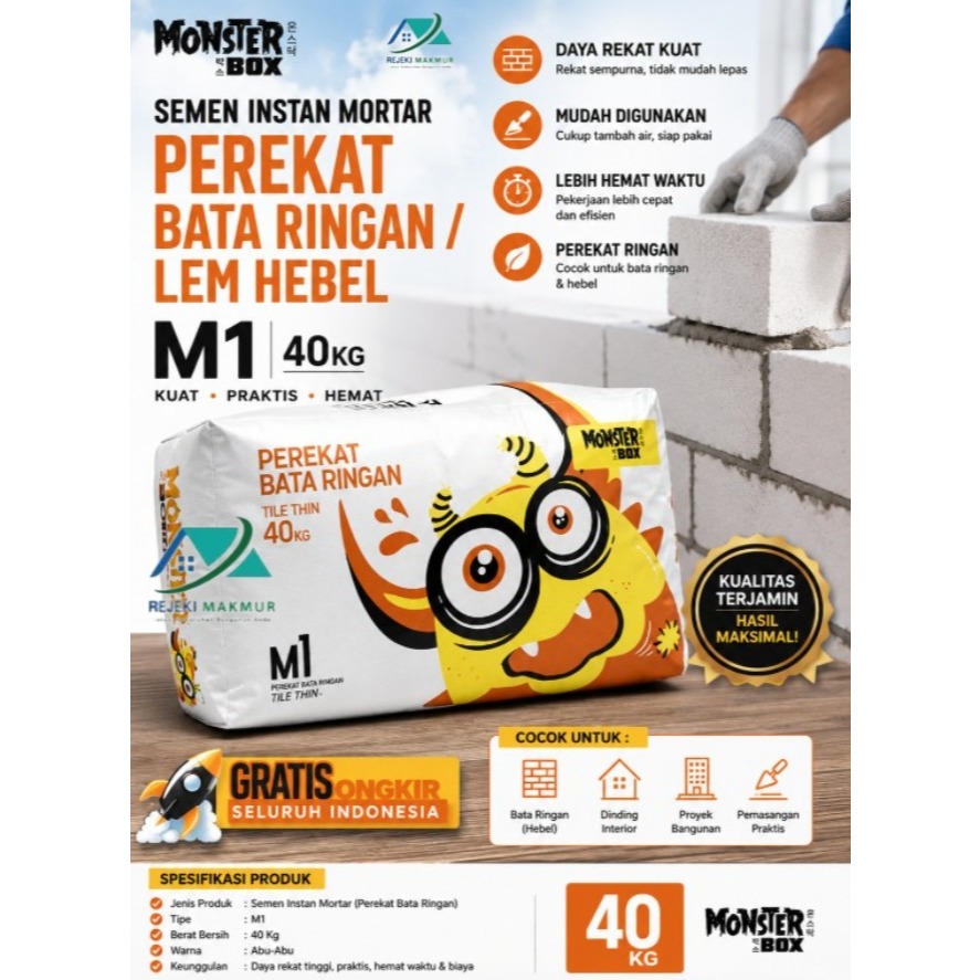 Semen Instan Mortar Perekat Bata Ringan/Lem Hebel Monster Box M1 40 kg (Area BANDUNG)