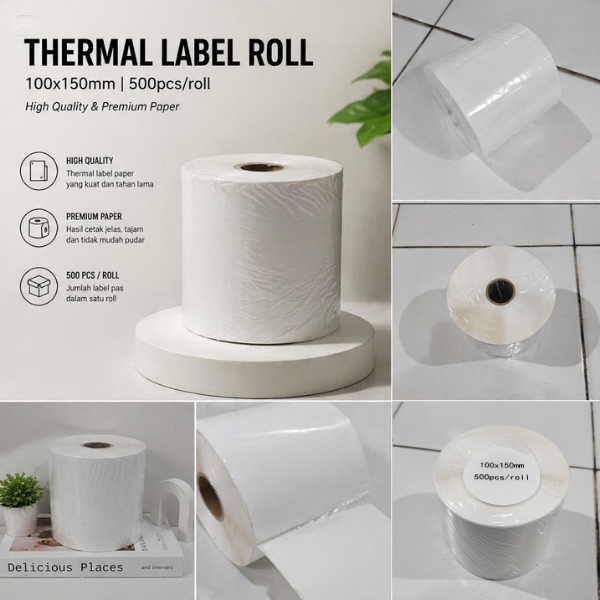 Kertas Thermal Label Barcode Resi AWB 100x150mm 1 Roll 500 Label untuk Printer Thermal