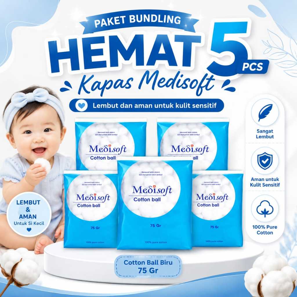 PAKET 5 PCS COTTON BALL MEDISOFT BIRU 75 GR / PAKET 5 PCS HIJAU 120 GR / KAPAS BULAT PERAWATAN BAYI
