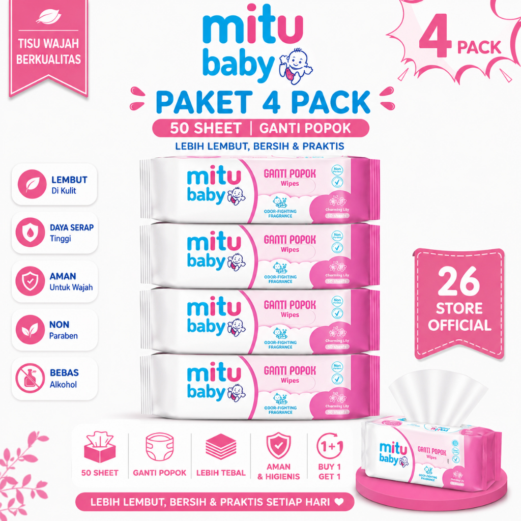 4 Pack Isi 8 Pcs Mitu Baby Tissue Basah Ganti Popok Tisu Bayi Biru BPOM