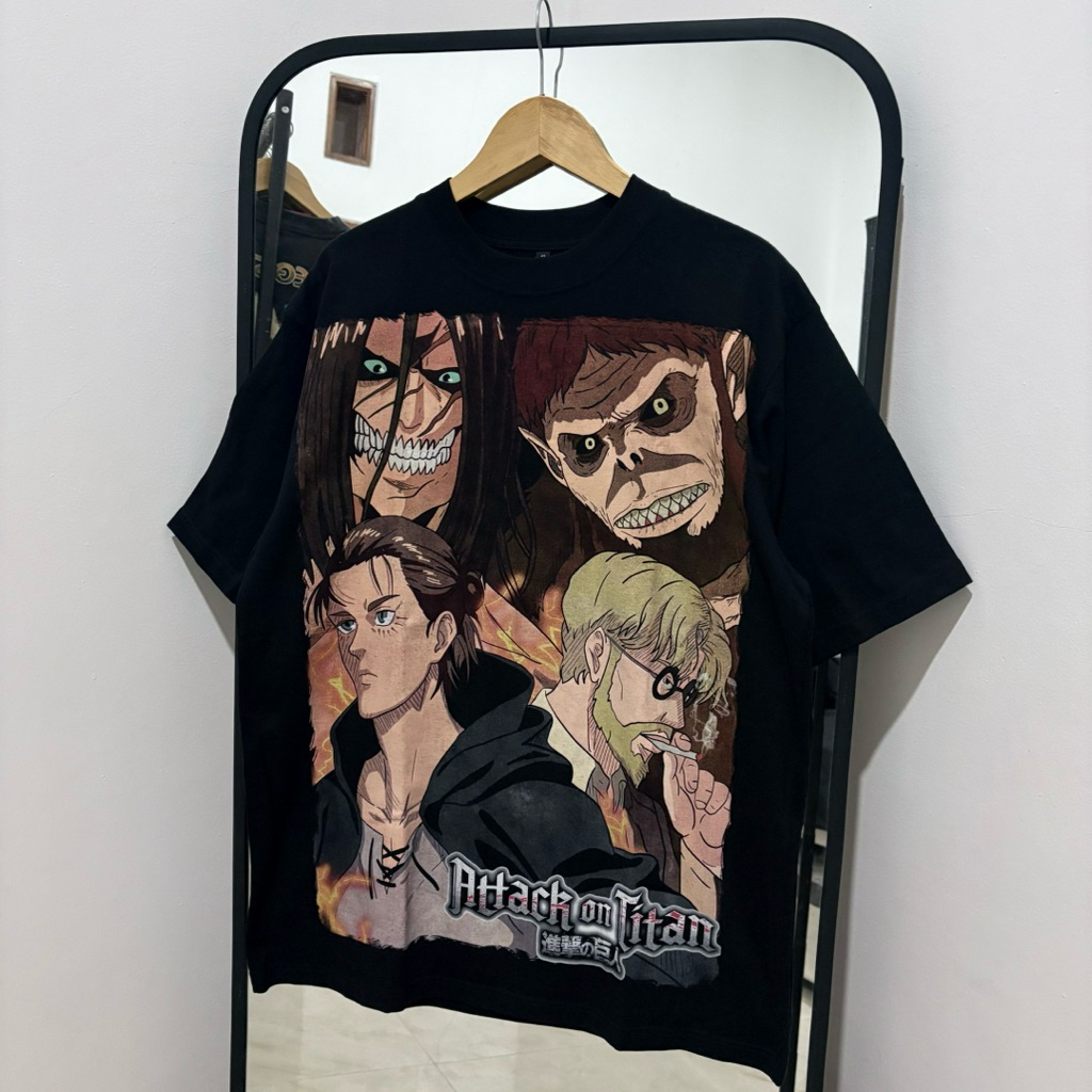 bootleg Kaos Anime Attack on Titan Full Print Oversize Unisex Hitam