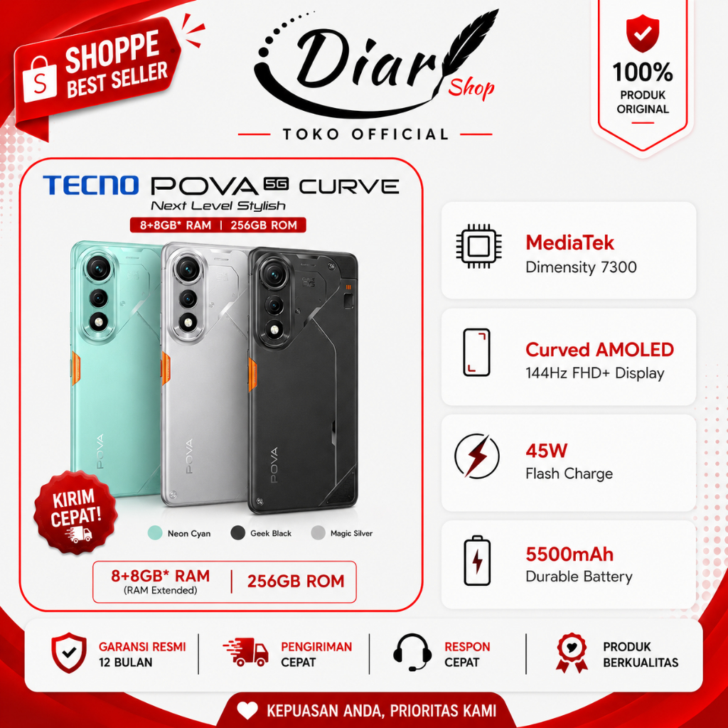 TECNO POVA Curve 5G 8GB 256GB Dimensity 7300 AMOLED 144Hz HP Gaming NFC Garansi Resmi
