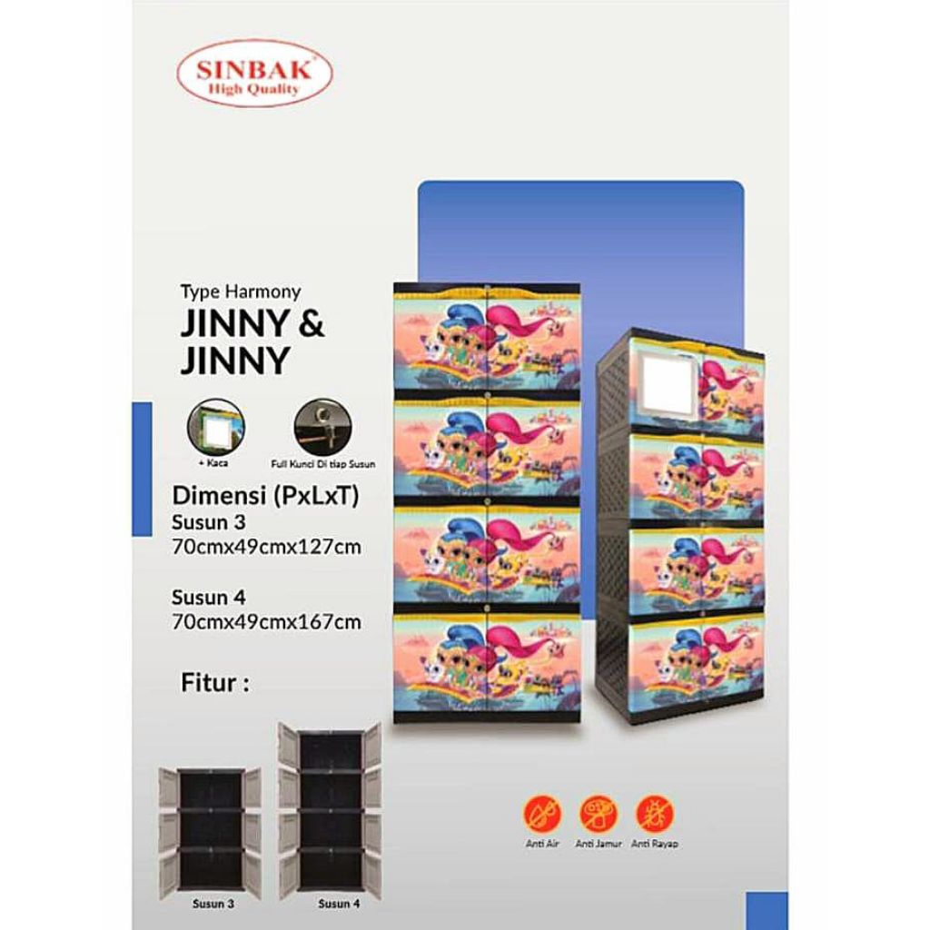 Lemari kartun cewek sinbak harmony susun 4 + kaca motif JINY &JINY