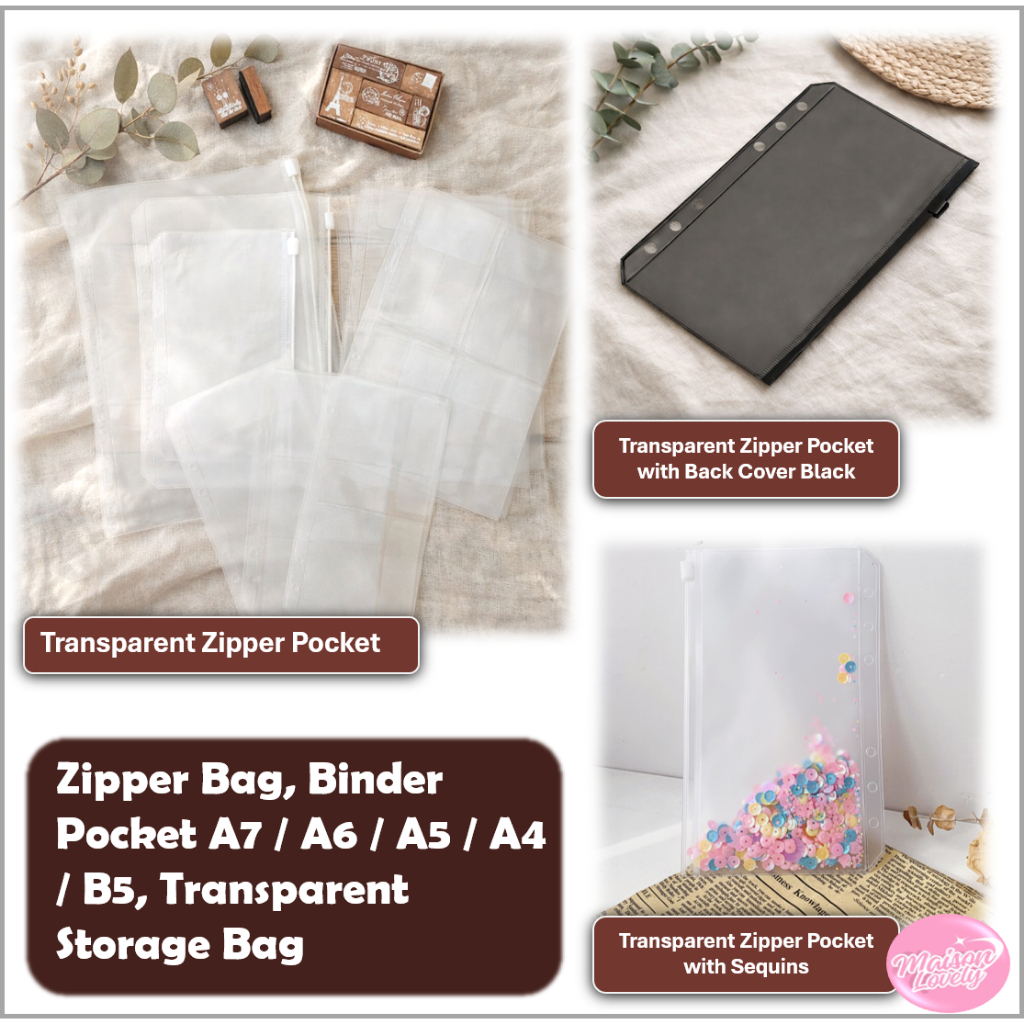 MaisonLovely | Zipper Bag Binder Pocket A7/A6/A5/A4/B5, Zipper Pocket Transparent Stationery Storage