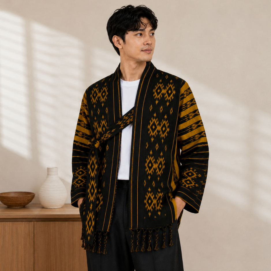 (RUANG ETHNIC) OUTER PRIA WARNA BLACK MUSTARD - OUTER TENUN ATASAN PRIA - OUTER PRIA
