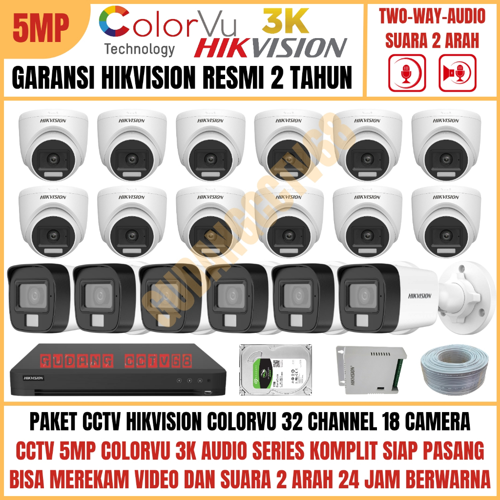 Paket CCTV HIKVISION COLORVU 32 Channel 18 Camera 5MP 3K Full Colour AUDIO TWO WAY Komunikasi 2 ARAH