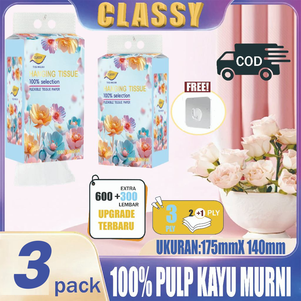 [Promosi Ramadan Spesial Beli 2 Gratis 1] CLASSY Tisu Tissue Gantung 3 Pack 3 Ply 3 Lapis Motif Bung