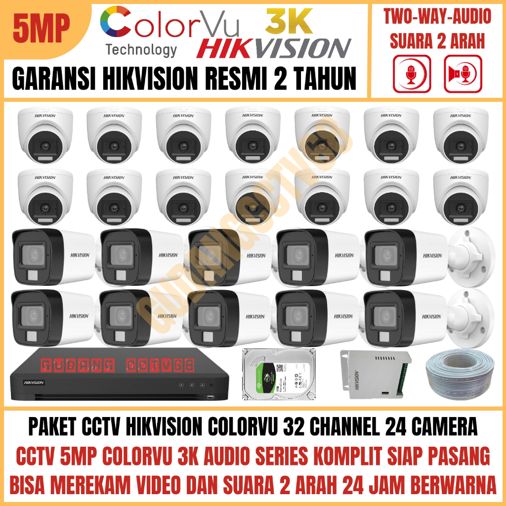 Paket CCTV HIKVISION COLORVU 32 Channel 24 Camera 5MP 3K Full Colour AUDIO TWO WAY Komunikasi 2 ARAH