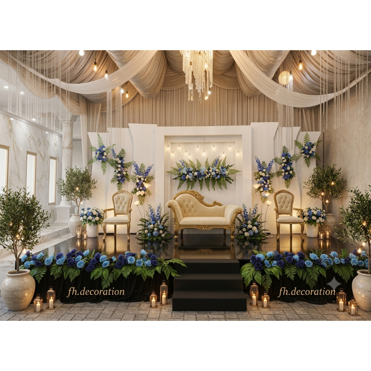 Dekorasi Pernikahan Mewah Elegant Blue Gold - Paket Dekor Pelaminan Akad Nikah / Khitanan / Engageme