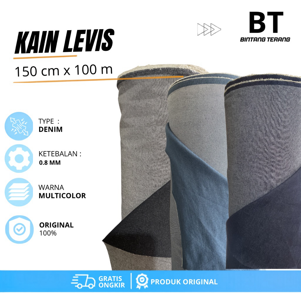 Kain Levis Denim Premium Meteran Tebal 0.8mm Bahan Jeans Lebar 150 cm Original 100%