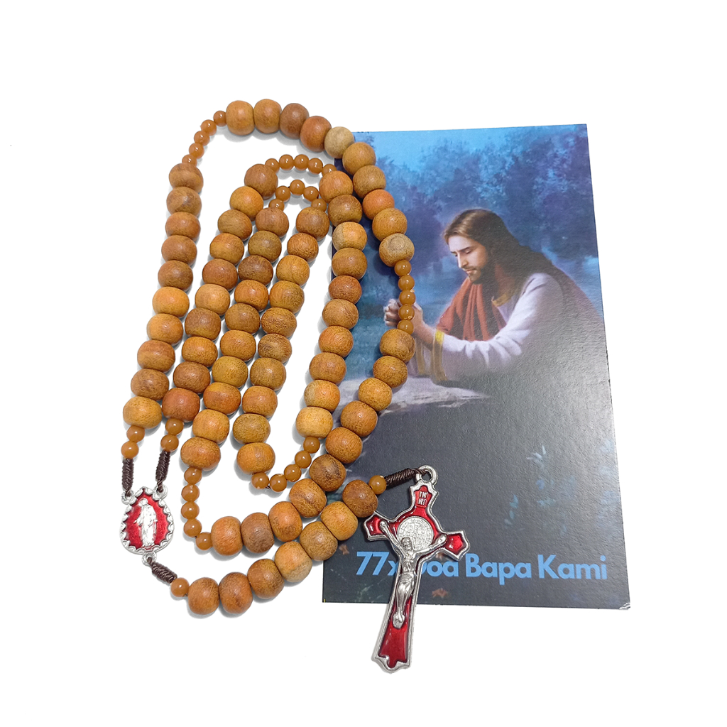 Kalung Rosario 77 Bapa Kami Bahan Kayu Secang 9mm - Rosario 77x Doa Bapa Kami - Rosario 77 Bapa Kami