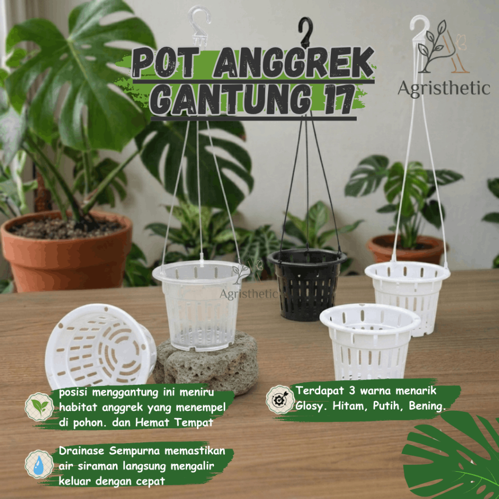Pot Gantung Netpot NKT 17 Tanaman Bunga Anggrek Hitam Putih Bening
