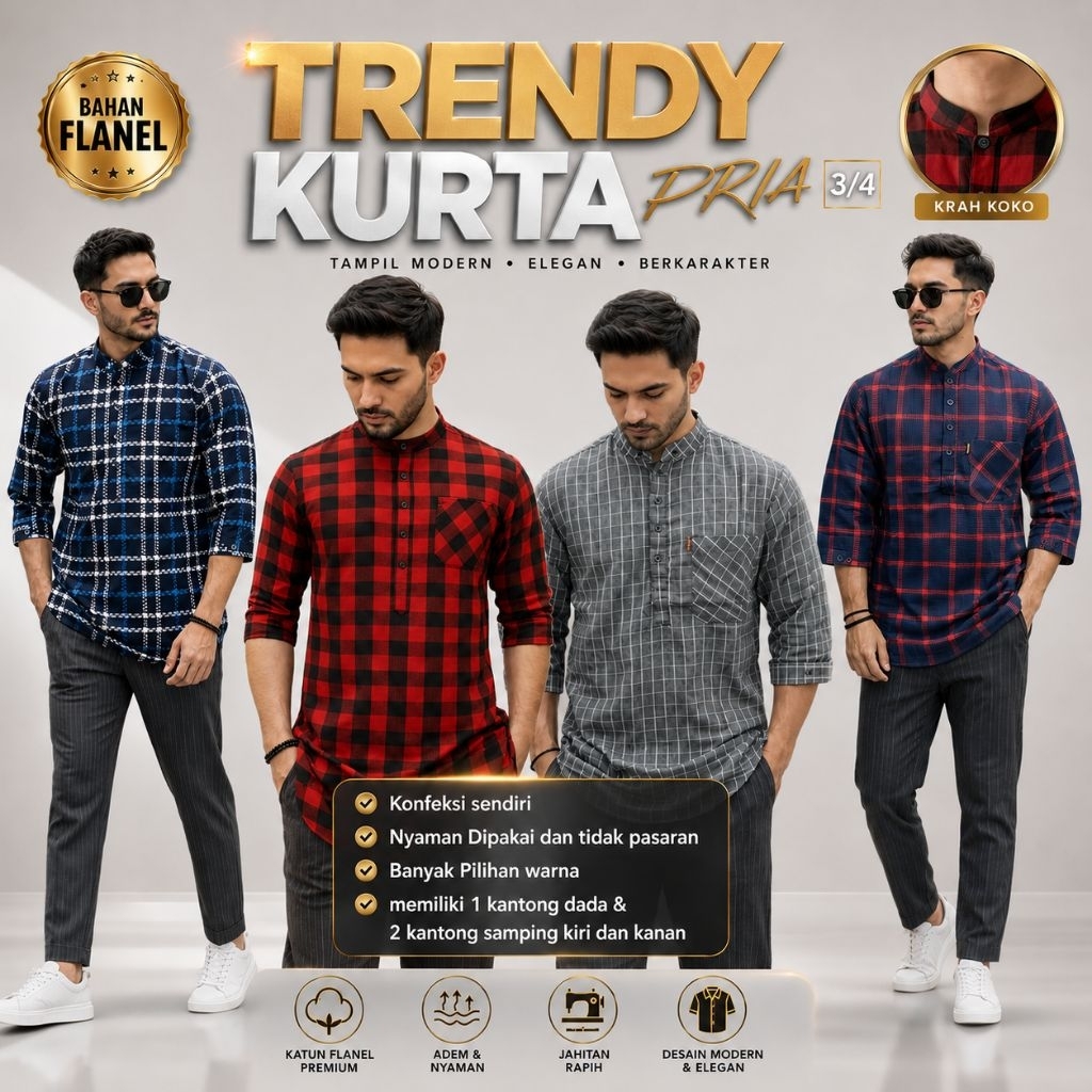 KEMEJA KOKO KURTA PRIA 3/4 FLANEL