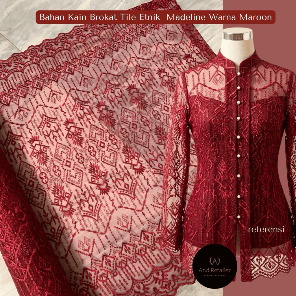 Bahan Kain Kebaya Brokat Tile Madeline motif3 Warna Merah Maroon