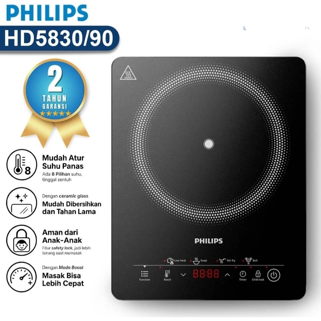 Philips HD5830 Kompor Induksi 2000W 8 Level Daya Hitam 1 Zona