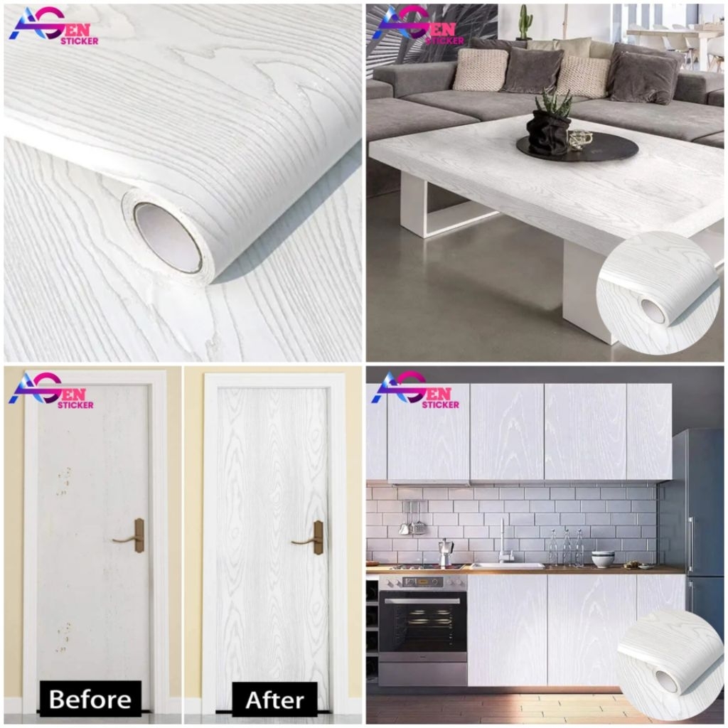 Sticker Kayu Pvc Pelapis Meja Lemari Pintu Dinding Furniture Kitchen Set Berserat Putih