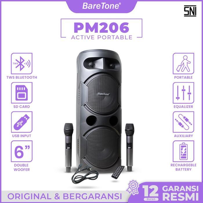 [ Portable Double 6 inchi ] Speaker Aktif Portable Wireless Baretone PM 206 Original BARETONE PM206 