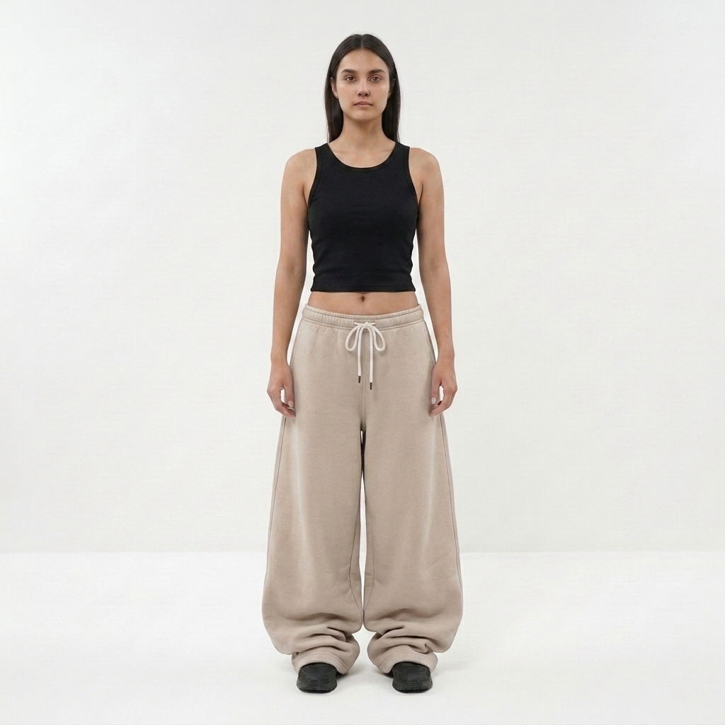 Repeat Celana Sweatpants Loose Baggy Fleece Wanita Beige