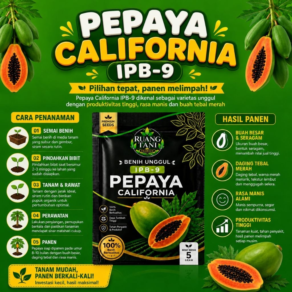 {PROMO}BENIH PEPAYA KALIFORNIA IPB-9  KUALITAS TERBAIK RASA MANIS BUAH BESAR BERAT BERSIH (5gram)