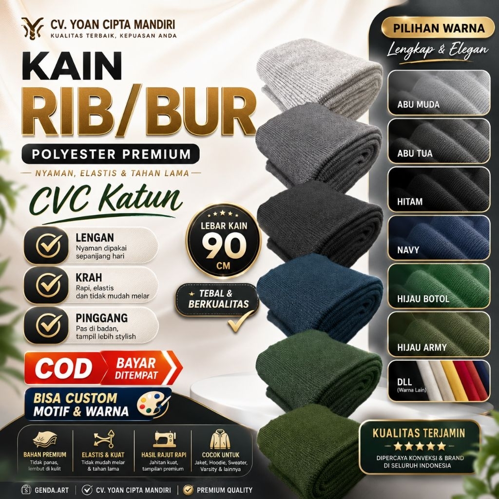 Genda Textile rib bur CVC | Kain rib/bur polos cvc premium jaket hoodie jogger