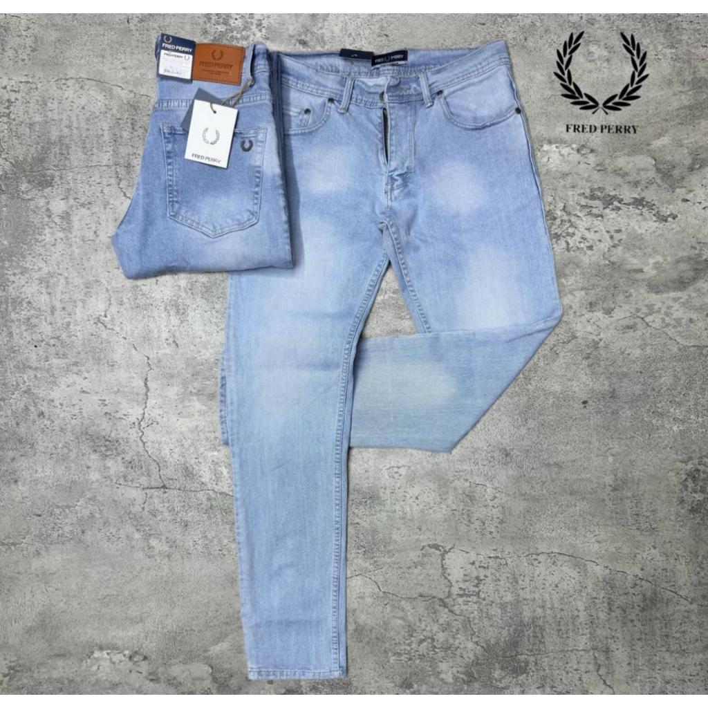 Celana Jeans Pria Fred Perry Biru Muda Skinny Fit Denim Kasual Model Slim