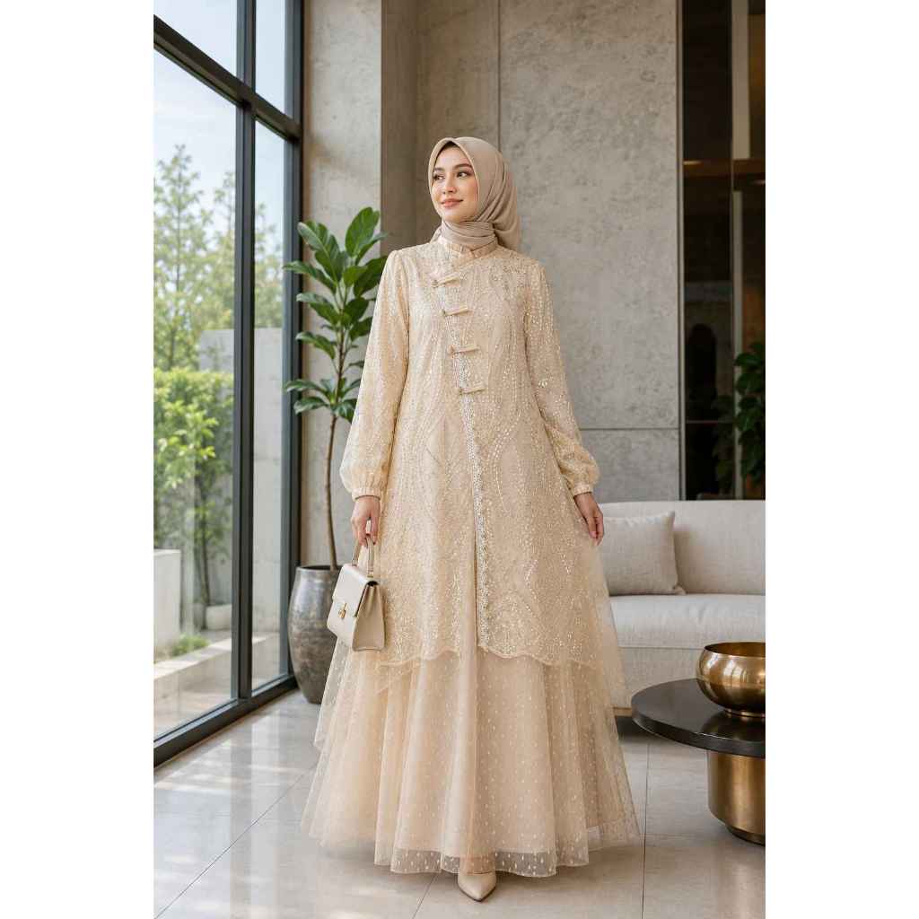 Raisha Gamis Camelia One Set Rok Tutu Tunik Cheongsam Brukat Premium