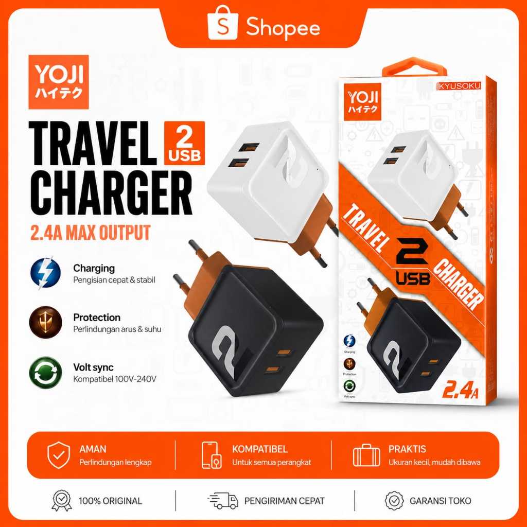 YOJI Travel Charger 2 USB 2.4A Max Output | Charger Adapter Dual USB Universal 100-240V